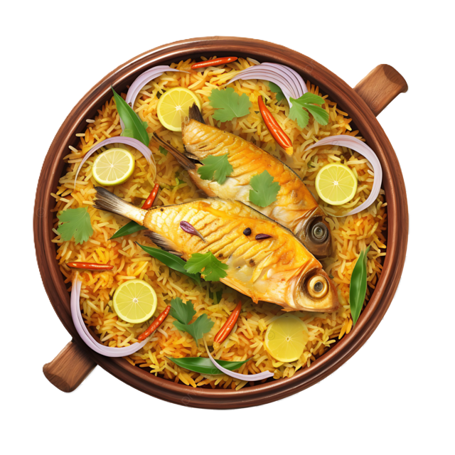pngtree top view of fish biryani on white background png image 15913744